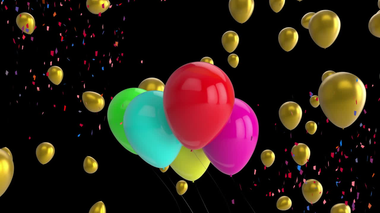nivel de animación de texto sobre globos de colores y confeti en fondo negro