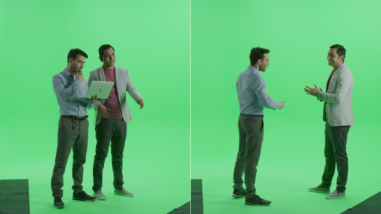 2 인 1 녹색 화면 콜라지: 다른 민족의 두 명의 다양한 사업가, 서서, 노트북 컴퓨터를 사용하고, 이야기하고, 웹 디자인을합니다. 다중 각도 최고의 가치 패키지: 측면 및 전면 뷰
