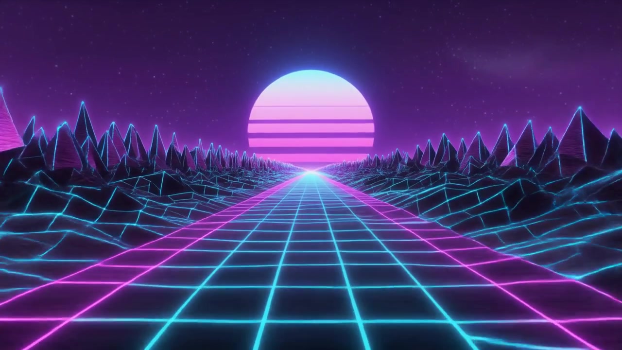 Lanskap Digital Gaya Synthwave Retro dengan Kisi Bercahaya dan Matahari Terbenam