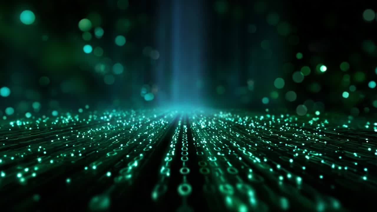 A captivating representation of digital data streams depicted through binary code illuminated by vibrant green light beams, creating a mesmerizing depth effect that evokes futuristic themes of technology and information