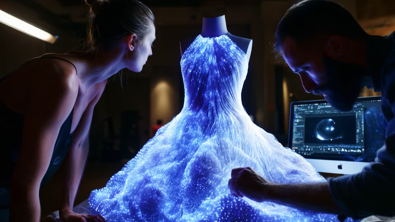 A Collaborative Creation: Innovators Transforming Fashion With LED Technology, Merging Art and Science to Create a Stunning, Illuminated Dress Design in a Modern Studio Environment
