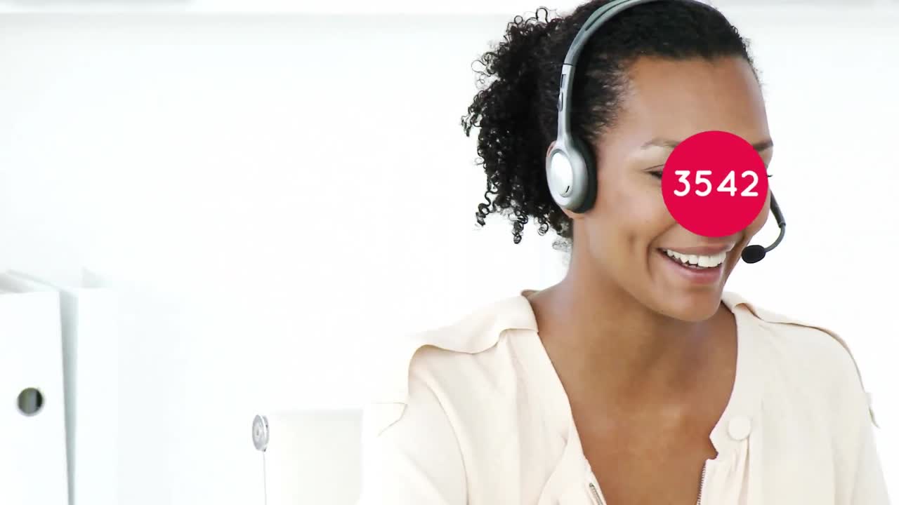 Animation of numbers changing over businesswoman using phone headset