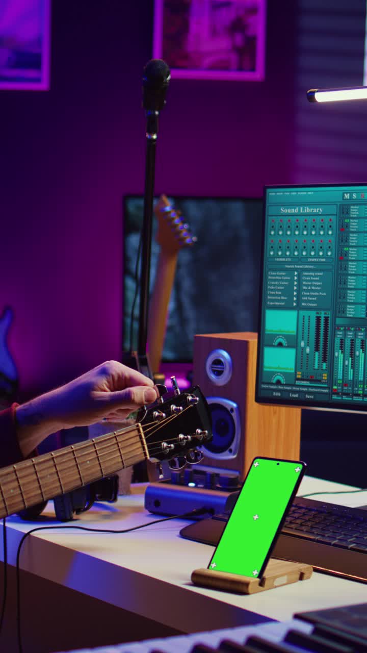 Musician Tuning Acoustic Guitar in Home Music Studio with Green Screen Phone