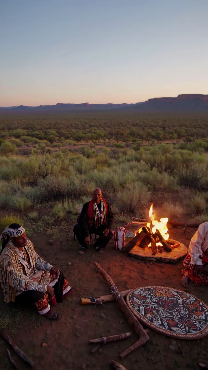 Aerial view of a cultural gathering around a campfire in a desert landscape, capturing a serene