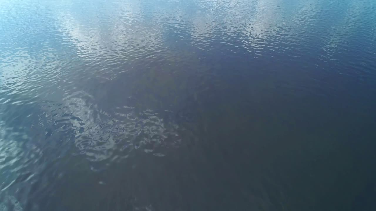 Vuelo de dron a lo largo de un río, la cámara se inclina hacia arriba para mostrar el horizonte y el cielo. Una bandada de pájaros vuela de izquierda a derecha sobre el agua. La inclinación revela el estuario que desemboca en el mar, en el horizonte.