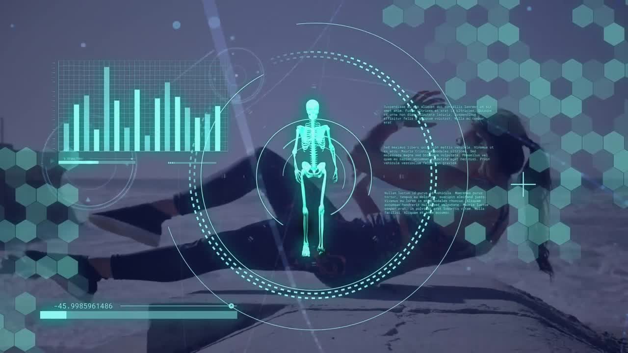 데이터 프로세싱 및 스 스캔의 애니메이션: 카우카시안 여성 운동 위의 골격