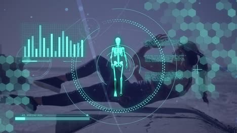 Animation-of-data-processing-and-scope-scanning-with-skeleton-over-caucasian-woman-exercising
