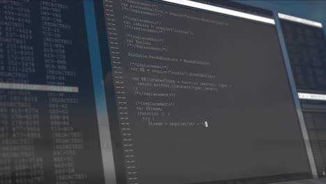 displaying animation of code on computer screen with cityscape reflection