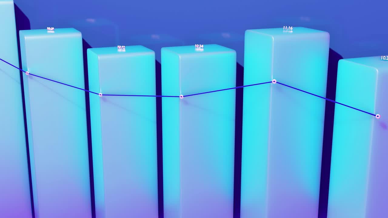 Financial background. Beautiful blue background for analytical programs with abstract infographics, statistical data. Bars, counters and graph. 3d columns smoothly move up and down in loop.