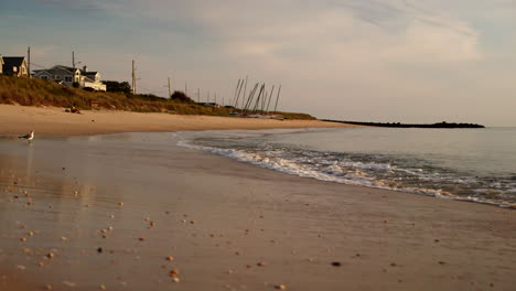 Möwe-Beobachtet-Wellen-In-Der-Bucht-In-Zeitlupe-Mit-Häusern-Und-Booten-Im-Hafen