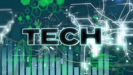 animation of graphs, data, tech and hexagons on blue background