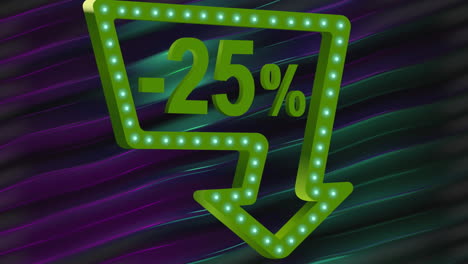 animation of minus 25 percent with arrow pointing down in green over purple and green background