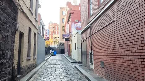 explore a quiet, narrow alley lined with cobblestone and brick walls, leading to a vibrant urban scene.