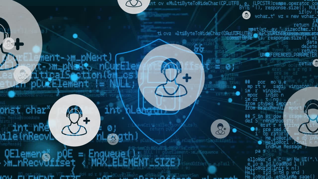 animación de iconos de perfil sobre lenguaje de computadora y candado en escudo en fondo abstracto