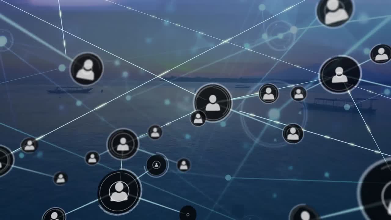 바다와 해가 지는 하늘에서 배의 공중 전망에 대 한 디지털 아이콘의 네트워크의 애니메이션