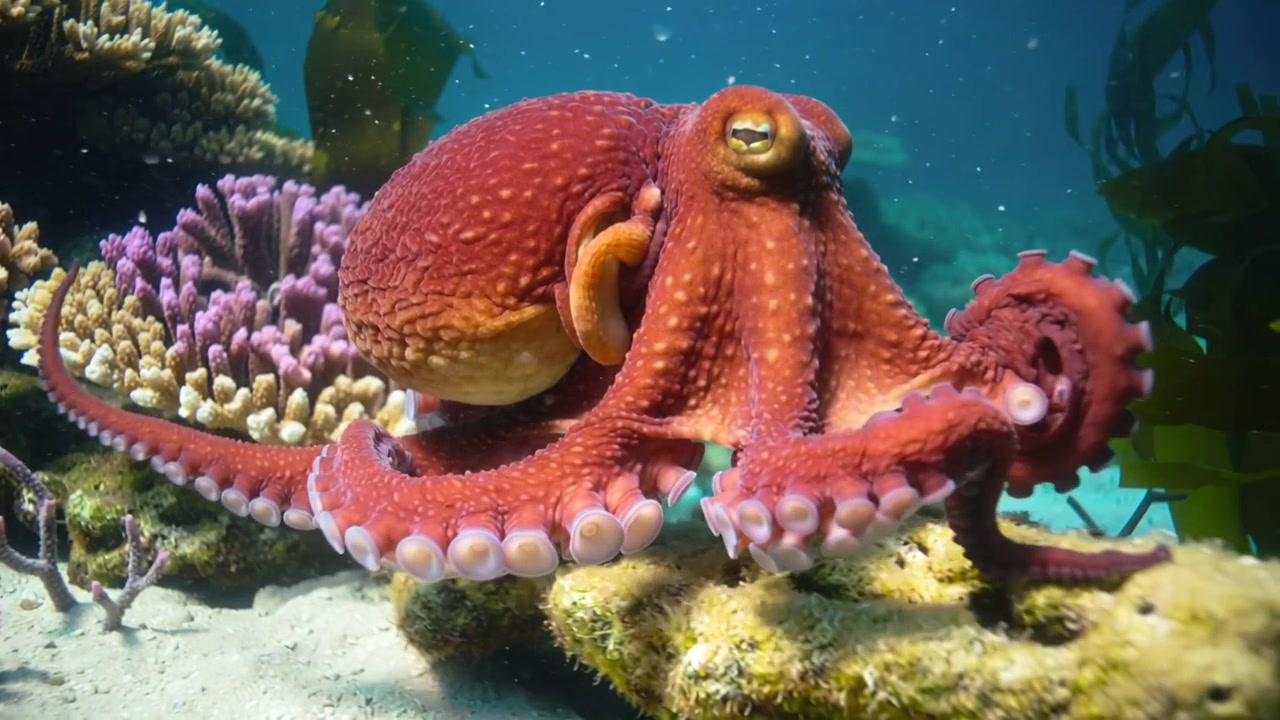 Un grande polpo rosso in movimento che arriccia un tentacolo e sonda la barriera corallina per cercare prede tra i coralli viola.