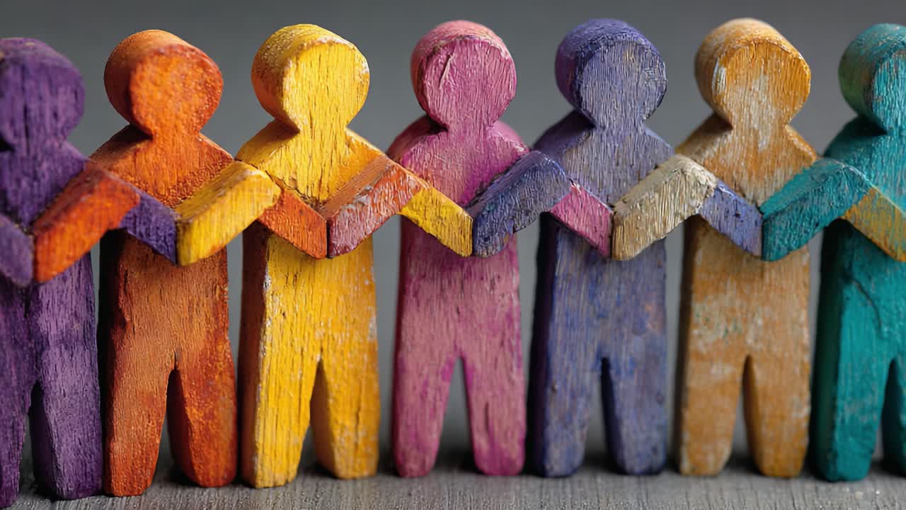 Unity and Diversity Represented Through Colorful Wooden Figures Holding Hands in a Row, Symbolizing Togetherness, Community, and Cooperation