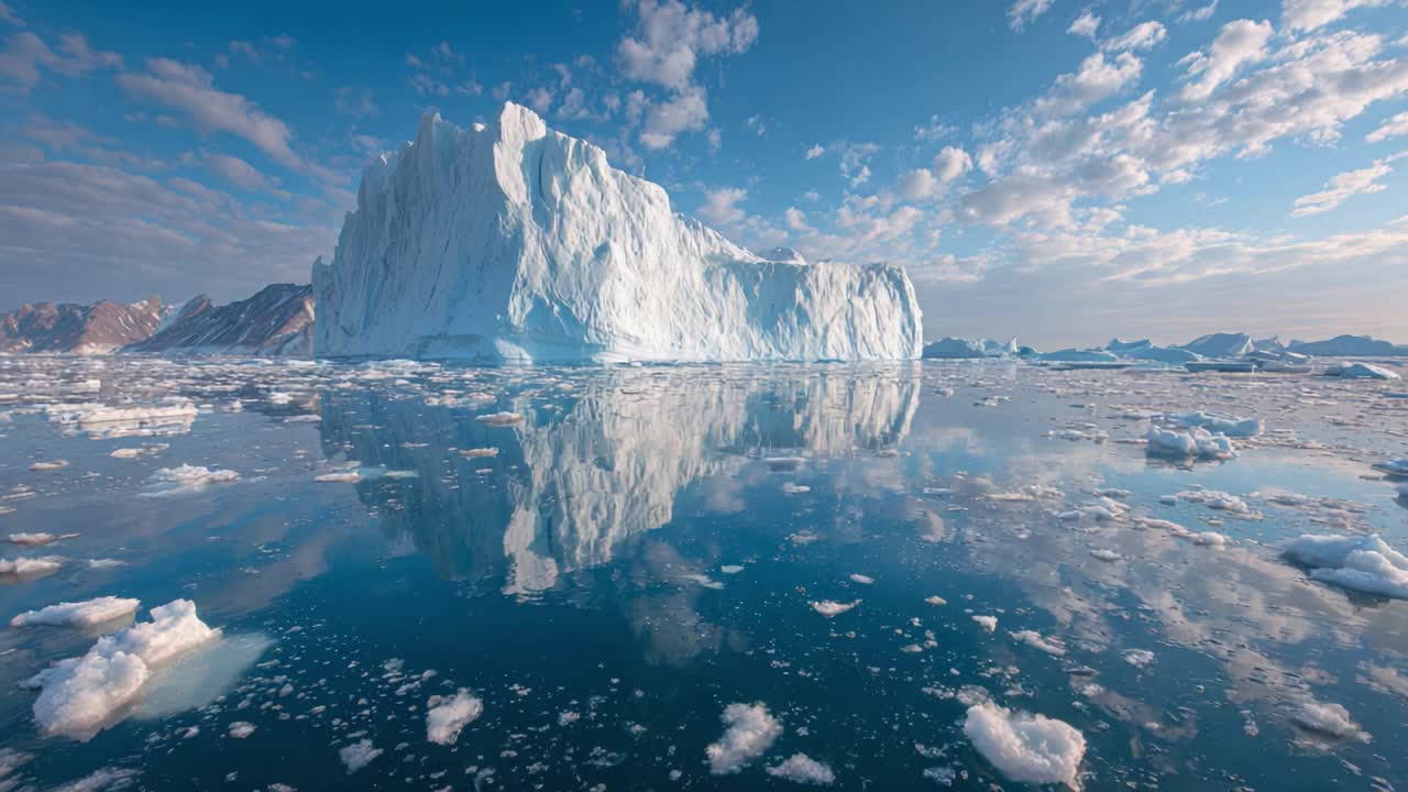Majestic Iceberg in Glacial Waters: A Stunning View of Nature's Frozen Wonder Reflecting in Serene Blue Sea Under a Beautiful Sky
