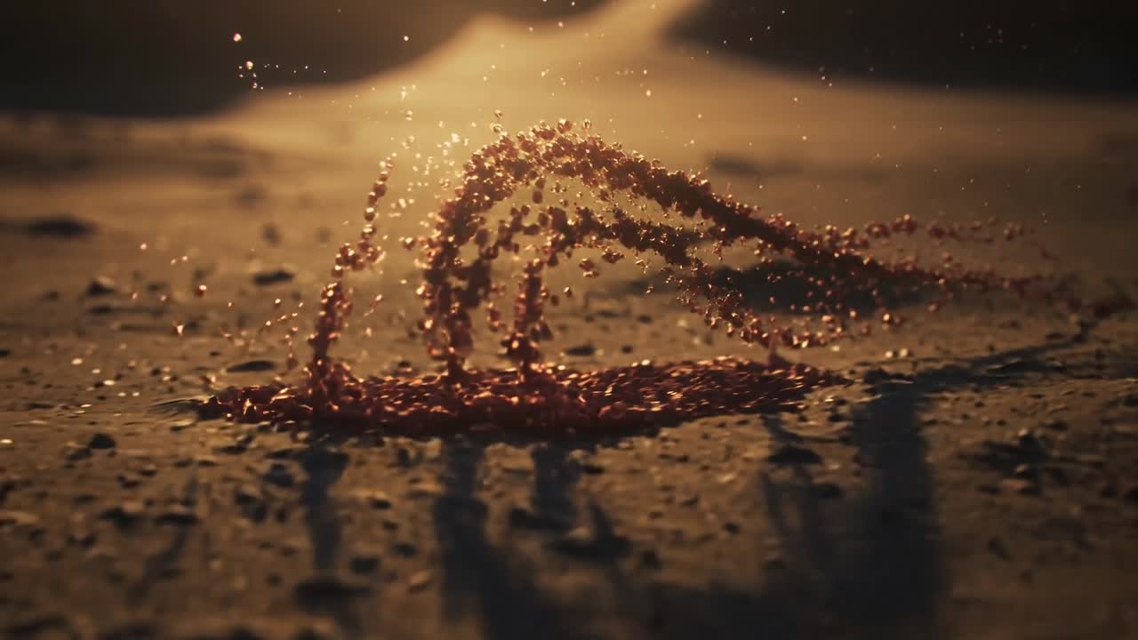 Arcing ribbon of red droplets sweeping left, hitting sand forming jets and pooling under warm light