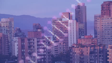 animation of dna rotating over cityscape