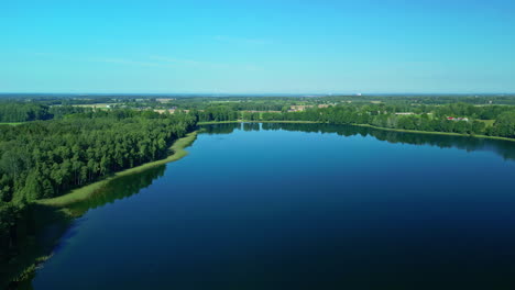 A-Reverse-Shot-Of-A-Lake-Surrounded-By-A-Green-Landscape-With-Forests-And-Grass