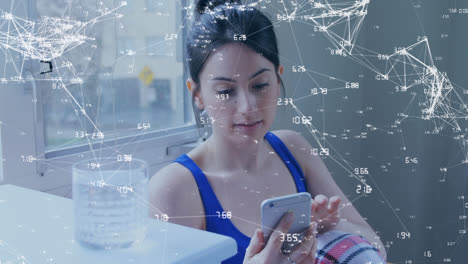 Animation-of-network-of-connections-over-woman-using-smartphone