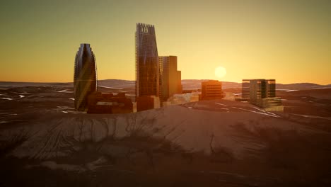 city skyscrapes in desert at sunset