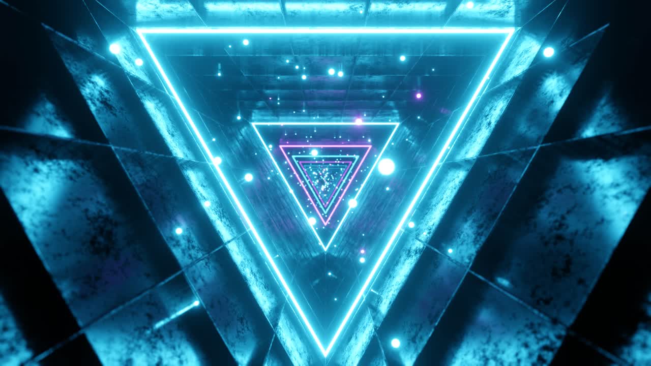 4K seamless loop motion graphics of flying into triangle digital tunnel with moving particles. 3D render animation. Sci-fi, VFX, Hadron Collider, cyberpunk motion background