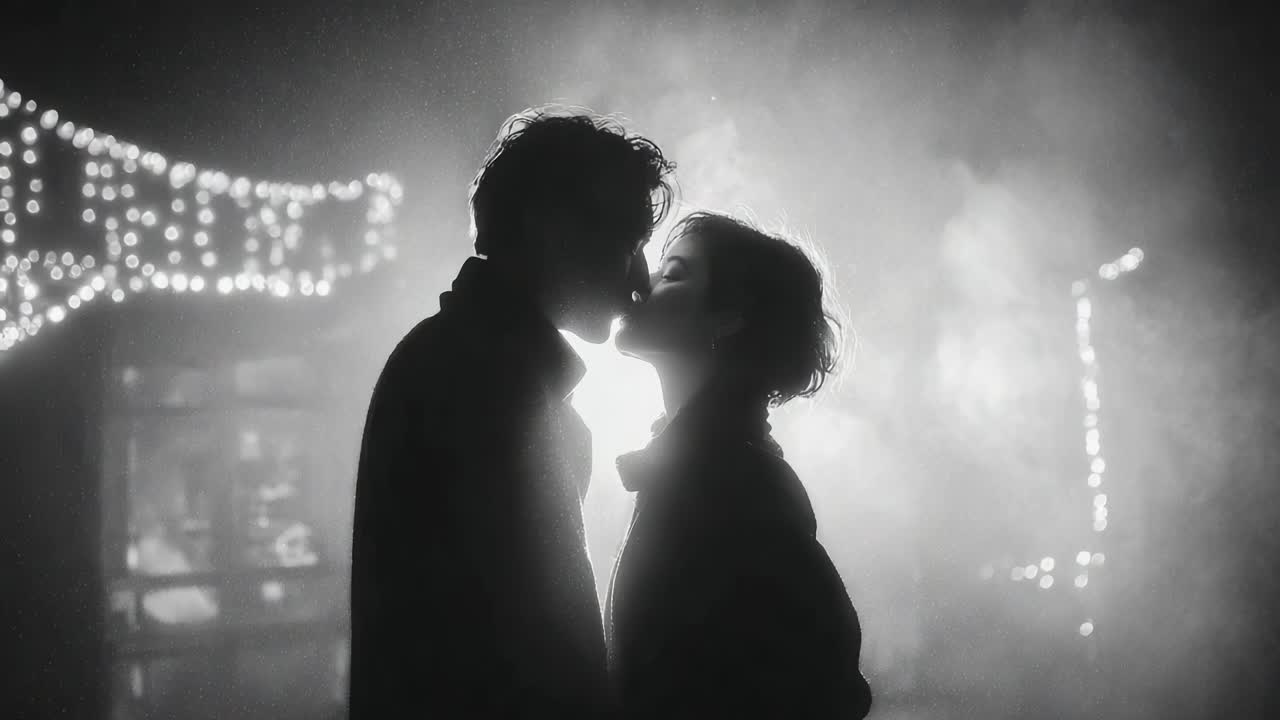 A Romantic Silhouette Kiss Beneath Twinkling Lights and Soft Fog, Capturing the Intimate Connection and Emotion Between Two Lovers in a Serene Atmosphere