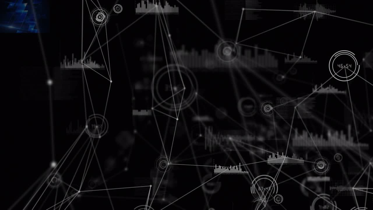 Animation of network of connections with data processing on black background