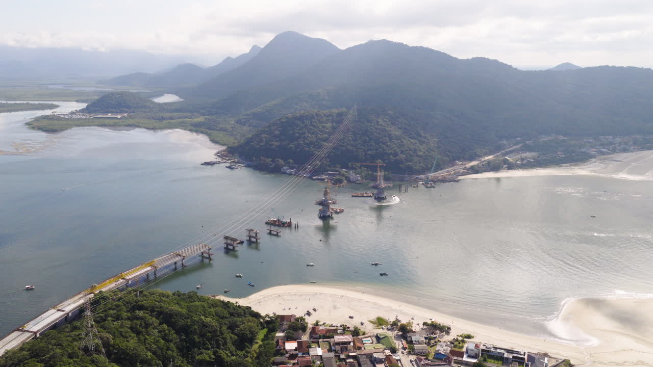 Aerial view of the bridge under construction connecting Guaratuba and Caiobá in Paraná, Brazil
