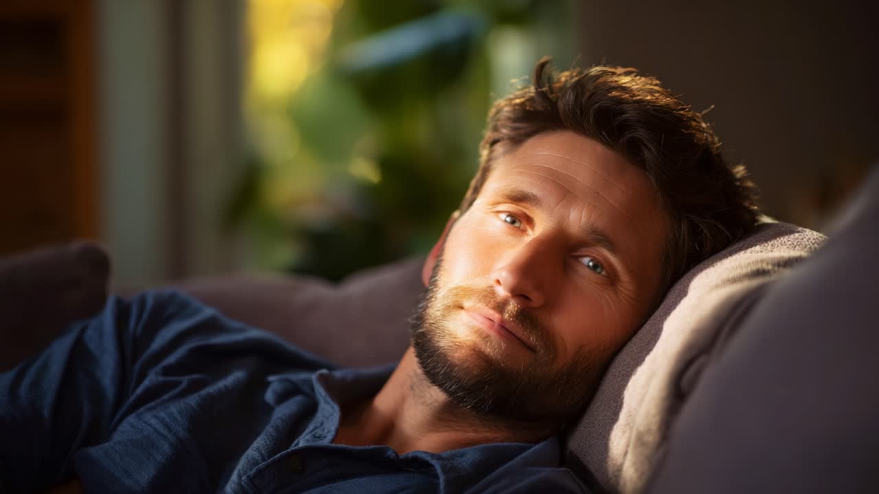 A Relaxed Man Enjoying Leisure Time, Embracing Comfort on a Cozy Couch with Soft Sunlight Illuminating His Peaceful Expression in a Warm Atmosphere