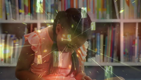 reading book, girl surrounded by glowing data streams animation in library