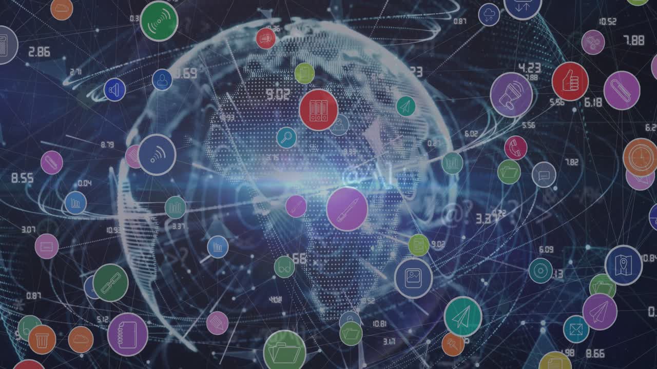 전 세계에 있는 아이콘과 연결된 네트워크의 애니메이션