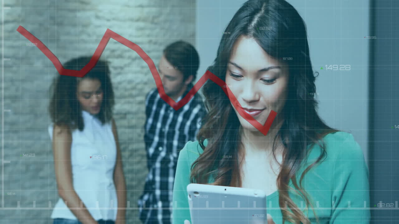 gráfico de datos financieros animado sobre diversas personas que usan teléfonos inteligentes en la escuela