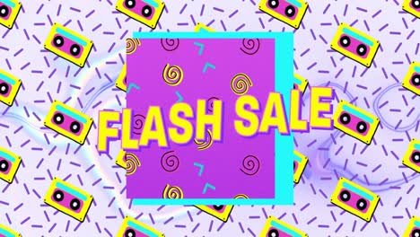 Flash-Sale-Text-Auf-Violettem-Banner-Vor-VHS-Kassettensymbolen-In-Nahtlosem-Muster-Auf-Weißem-Hintergrund