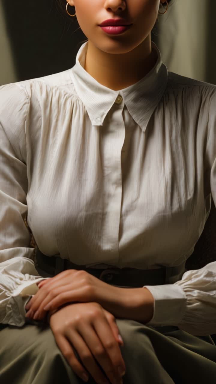 Elegante ritratto di una donna in camicetta bianca con espressione pensierosa, ripreso con luce soffusa che ne esalta i lineamenti aggraziati e la postura composta.