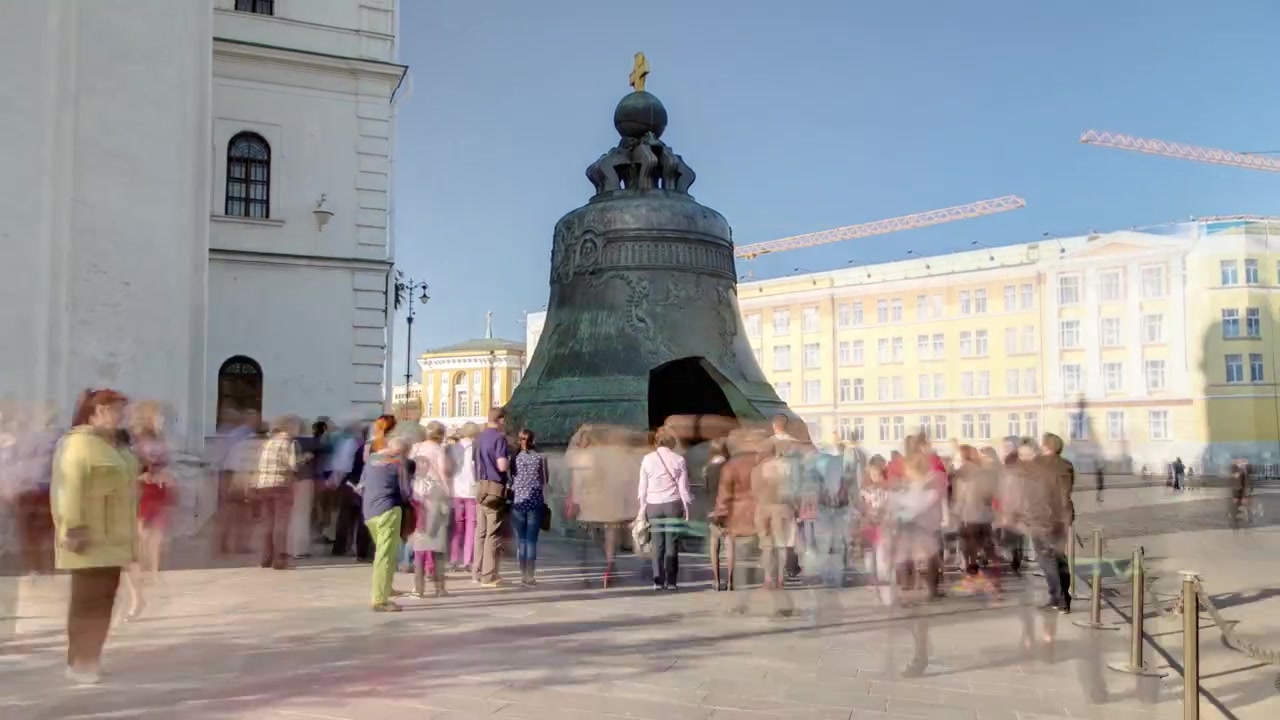 View of the Tsar-bell (King Bell) in Moscow Kremlin, a popular touristic landmark timelapse hyperlapse. Sunny day. Russia
