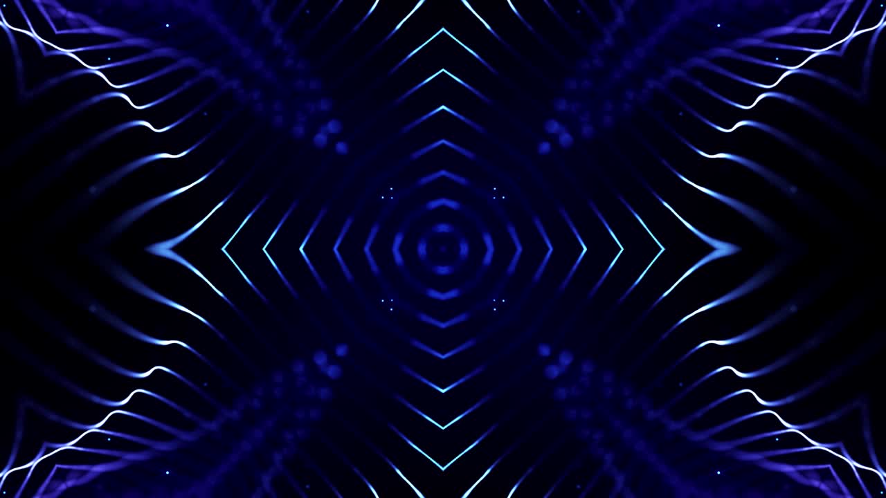 Abstract theme of microworld or nanotechnology. 4k looped sci-fi 3d background with light effects. Glow blue particles form lines, surfaces, complex symmetrical structures like in kaleidoscope.