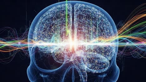 a stunning visualization of a brain showcasing intricate neural connections and vibrant energy patterns, symbolizing cognition, emotion, and the complexity of human thought