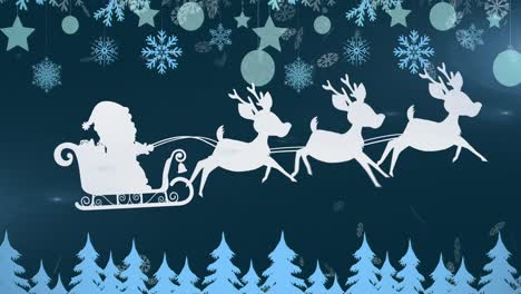 Animation-of-white-silhouette-of-santa-claus-in-sleigh-being-pulled-by-reindeer-with-snow-falling