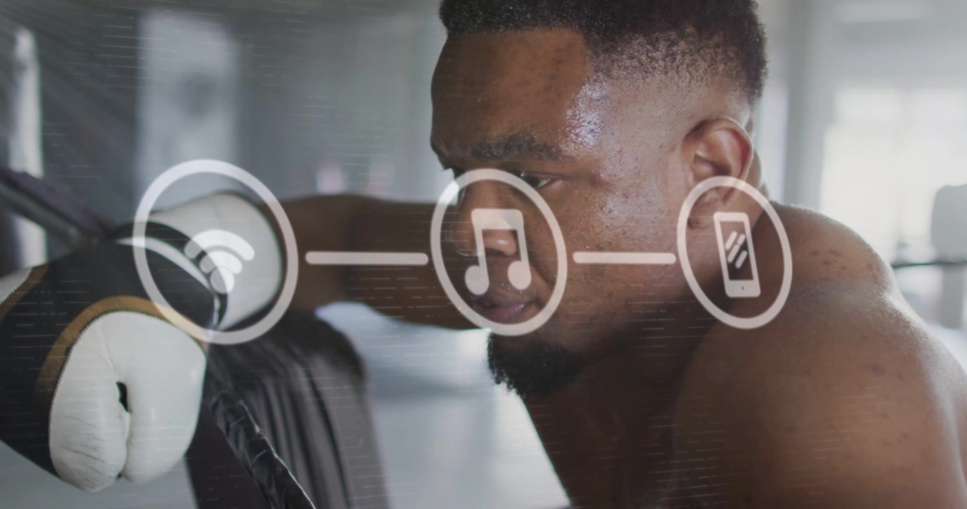Vertical video: Panting gloved boxer leaning on ropes as overlay icons sliding in, regaining focus