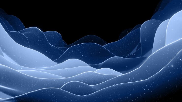 Bellissima superficie 3D astratta con scintillii glitterati, onde 3D astratte scorrono sulla superficie in loop. Gradiente nero-grigio, materiale opaco morbido con una leggera luminescenza interna. Animazione 4K fluida