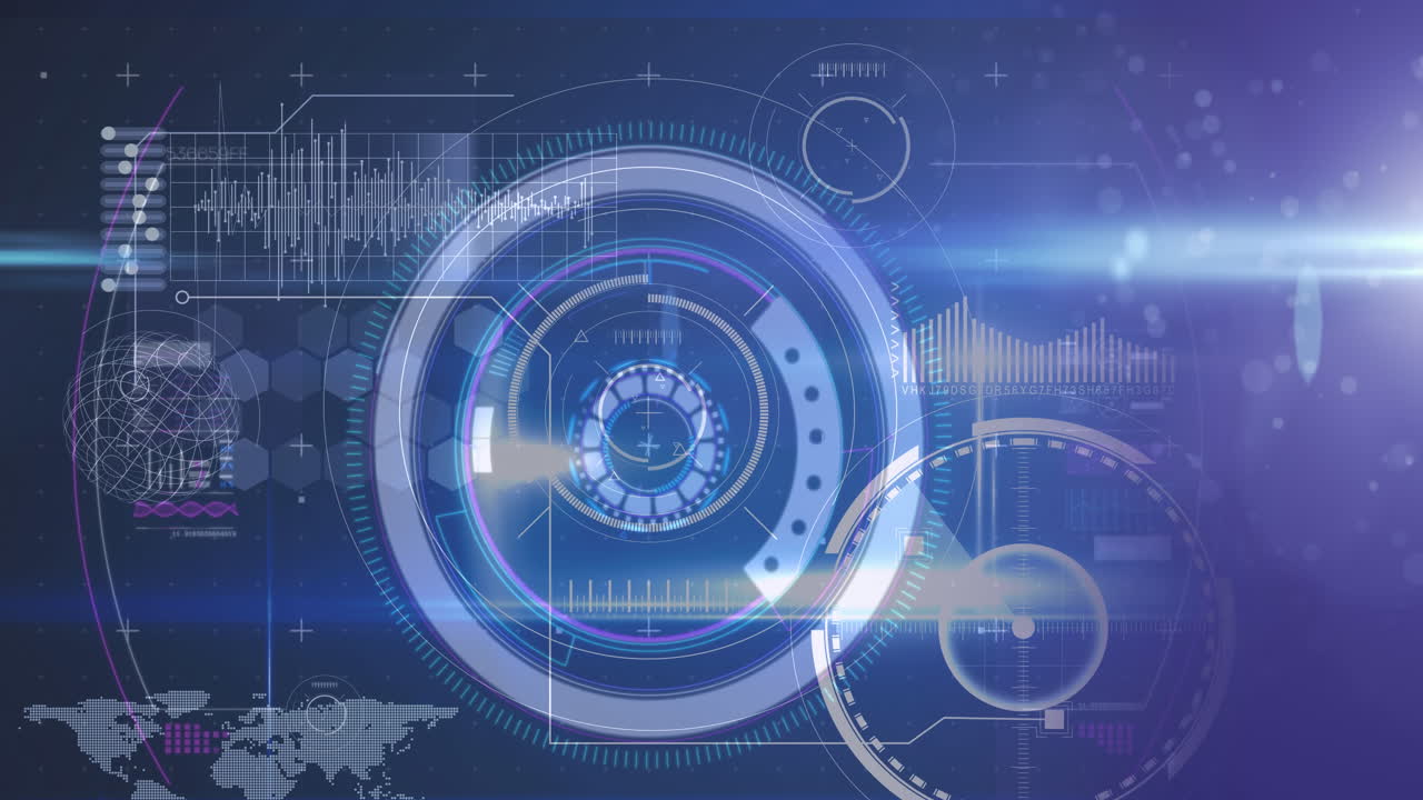 반 ⁇ 이는 보라색 배경 위에서 스캔 및 데이터 처리의 애니메이션