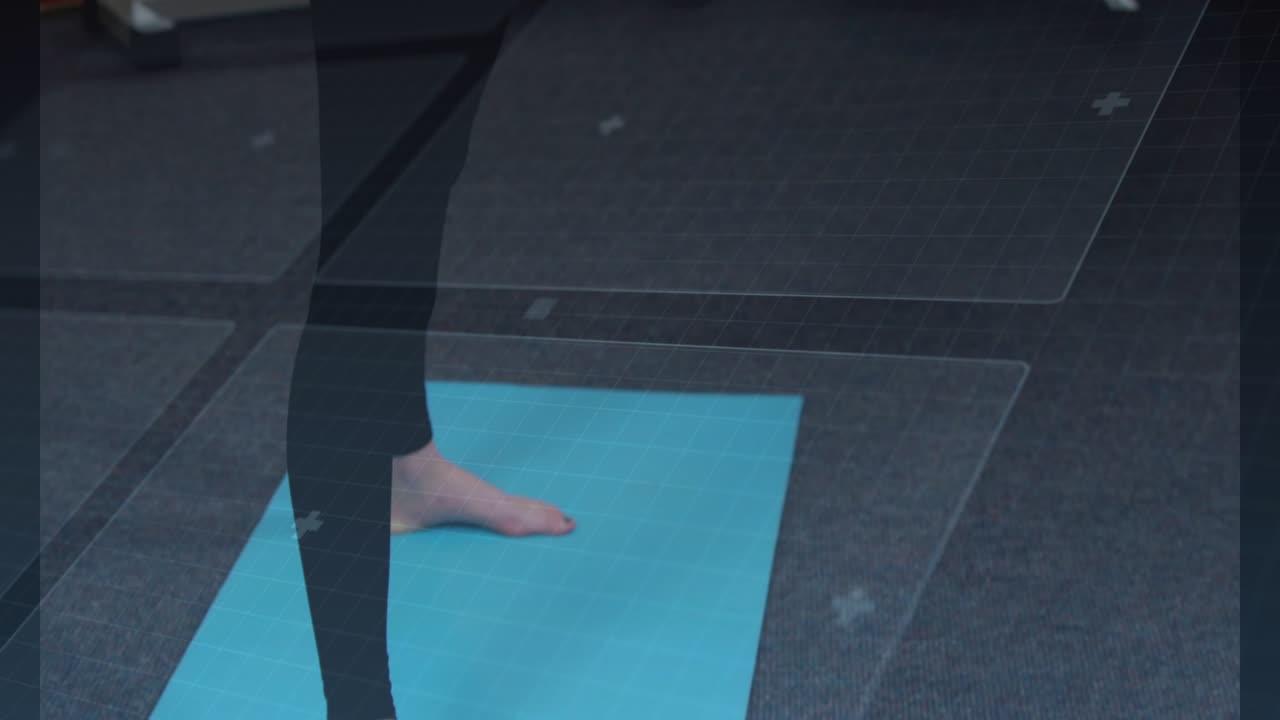 Woman stepping on blue mat raising arms twisting torso balancing for gym with overlays showing pose