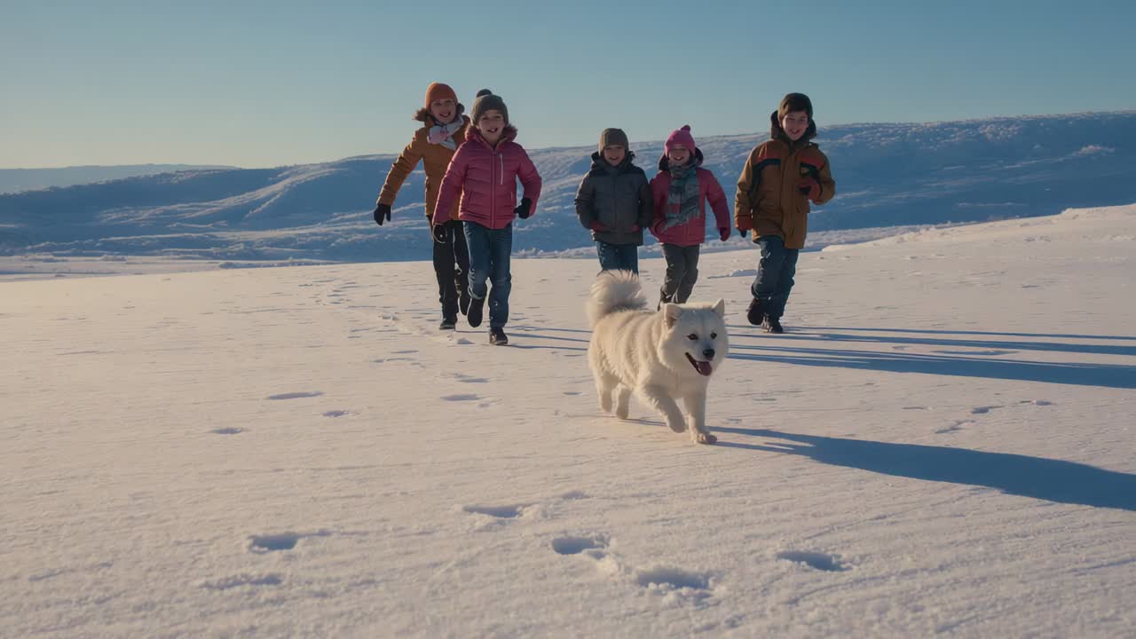 Running white fluffy dog sparking chase with five kids following across snowy plain, winter gear