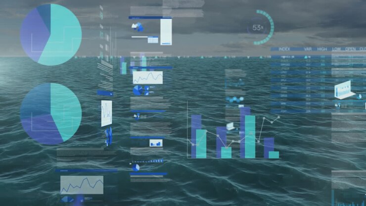 Animation of financial data processing over sea