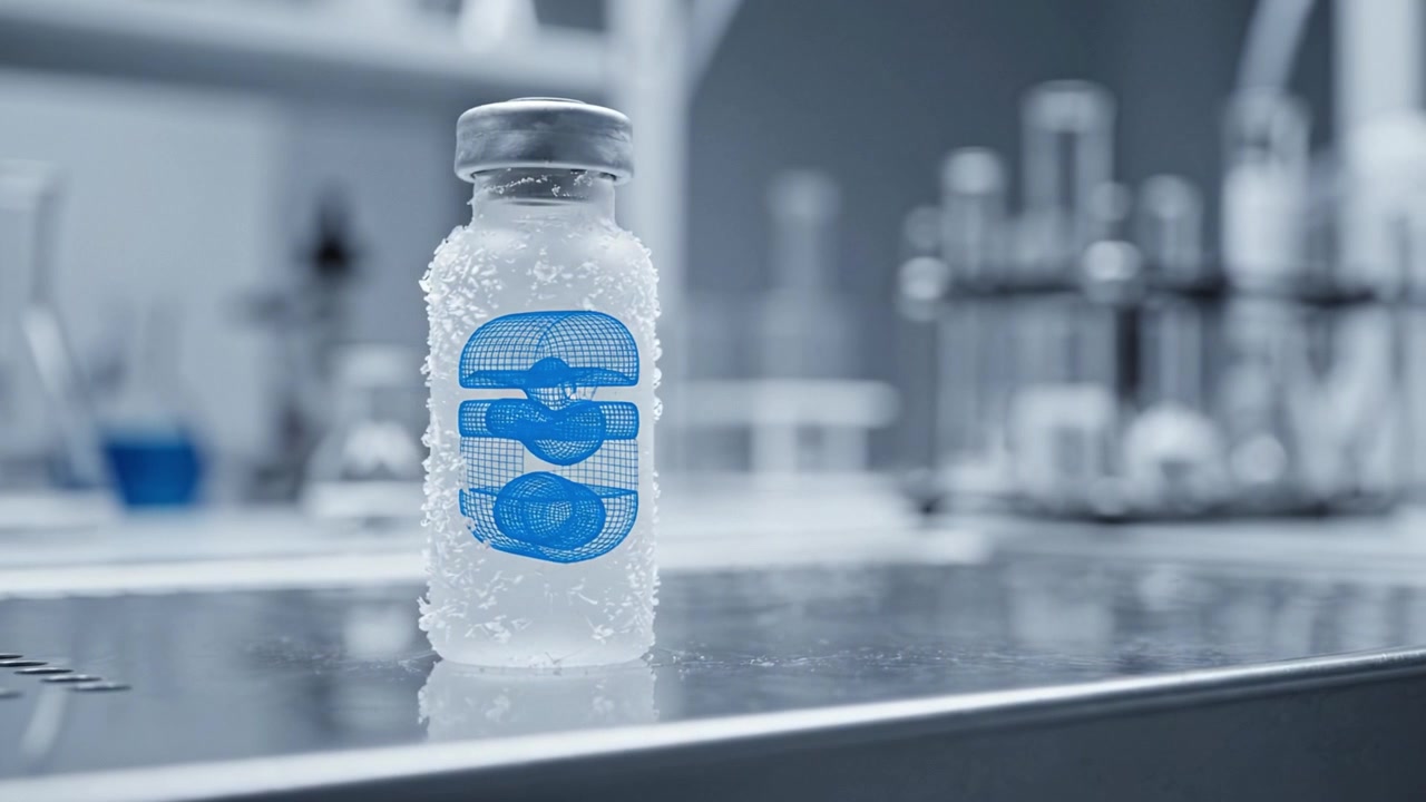 Primo piano di una fiala da laboratorio con brina cristallina, che mostra un liquido trasparente all'interno tra attrezzature scientifiche in un moderno ambiente di ricerca.