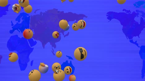 Animación-De-Iconos-Emoji-Volando-Sobre-El-Mapa-Mundial