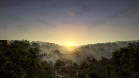 sunrise over a misty mountain valley forest